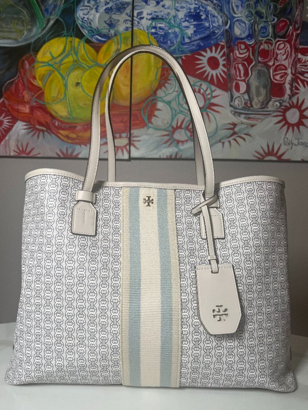 Tory Burch Gemini Link Canvas Tote Blue Ivory Stripe